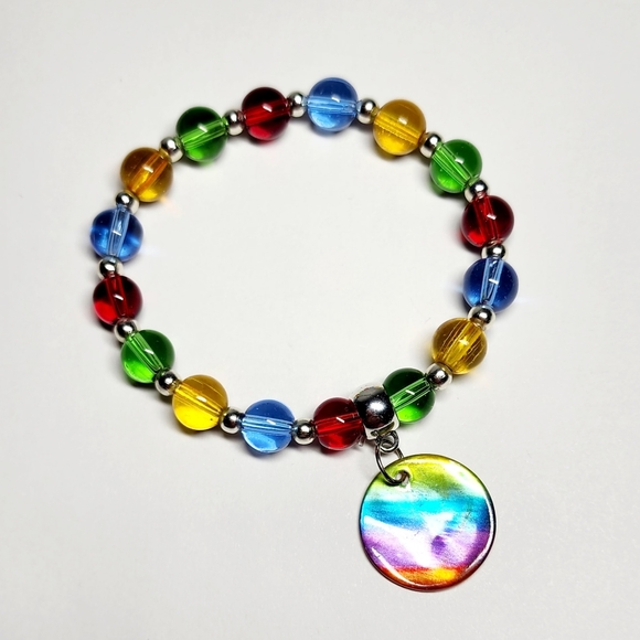 Colorful Beaded Stretch Bracelet Earrings Mother Of Pearl Charm Handmade - Picture 4 of 5